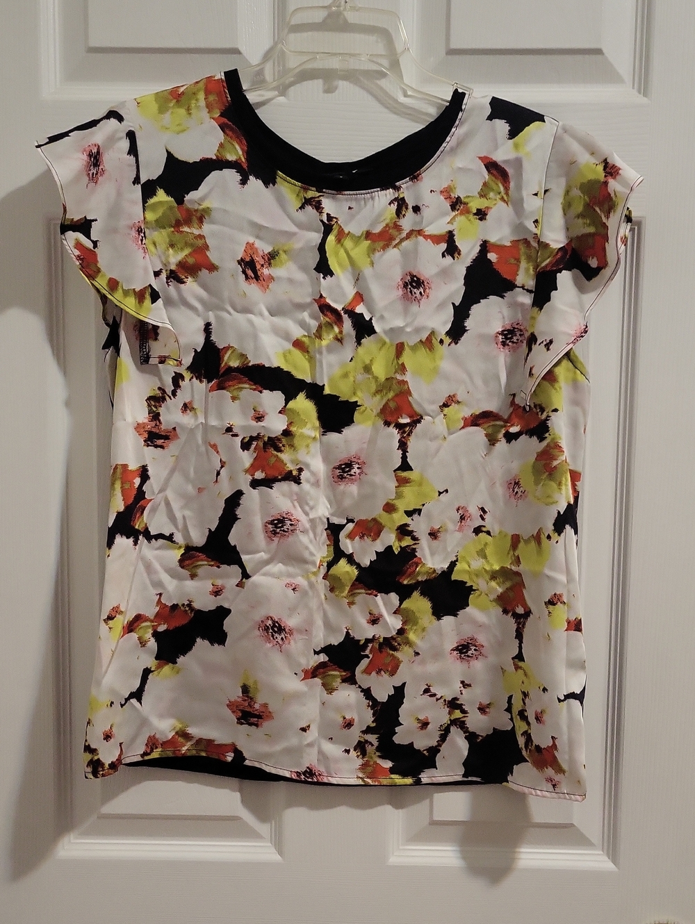 Floral Flutter Sleeve Blouse - White with Black, Red & Lime Accents